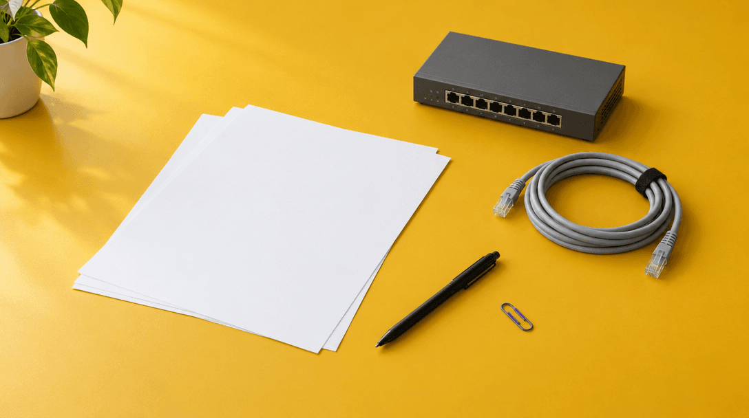 Blank paper, a pen and network cable arranged on a bright yellow worktable.